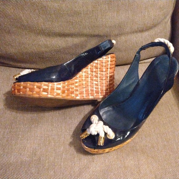 ❤️TORY BURCH Navy Blue Nautical Wicker Wedge Slingback Shoes 8 1/2 - Picture 1 of 7